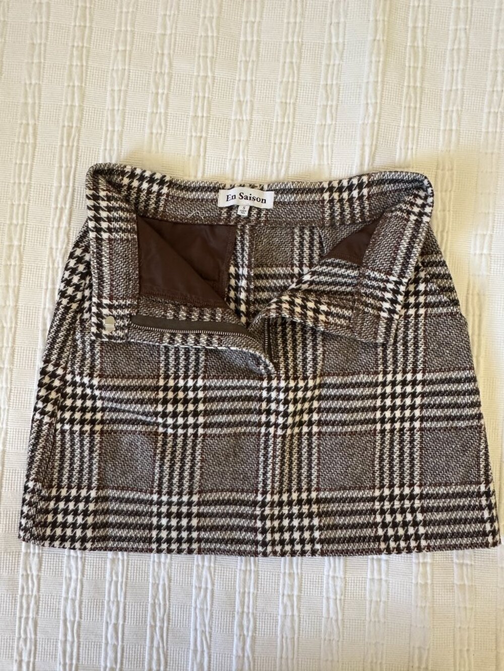 En Saison Brown White Houndstooth Plaid Mini Skirt Size S